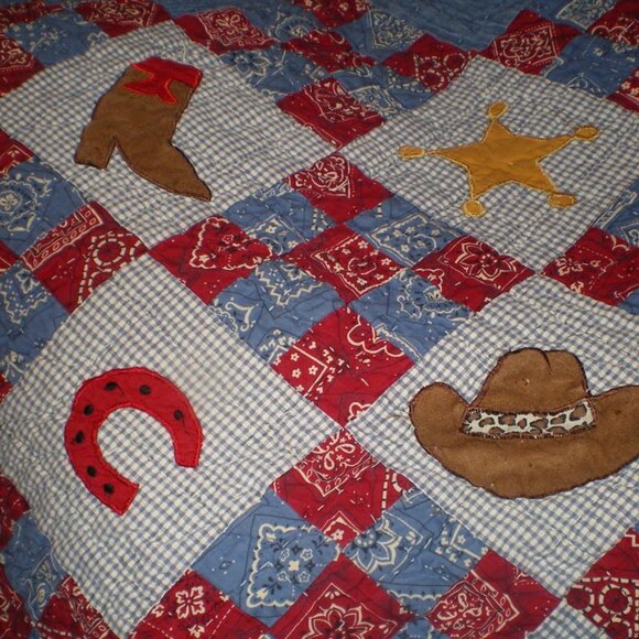 CUTE Western Themed Blue and Red  Quilt Throw Hanging - Picture 3 of 4